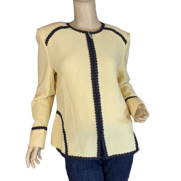 St. John Collection Knit Zip Jacket, Butter Yellow w/ Navy Ric Rac Trim , Size 6 - Picture 8 of 10